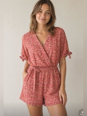 DEX Rusty Orange Floral Romper with Pockets and Belt